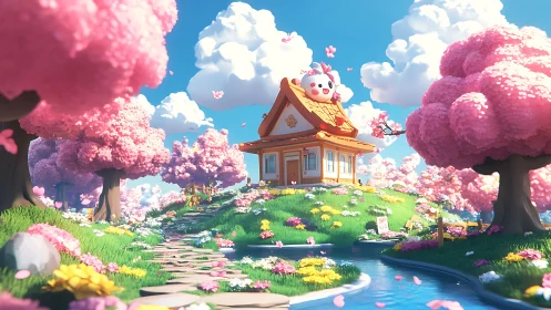 Cute cottage on cherry blossom hill under bright clouds.
