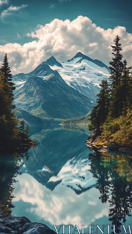Quiet alpine lake cradling mirrored snow capped mountains.