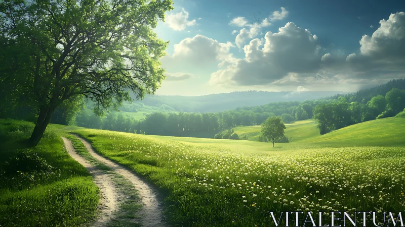 Sunlit country path curving through flowering green meadows.