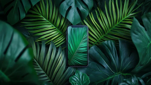 Smartphone lies centered among layered tropical foliage