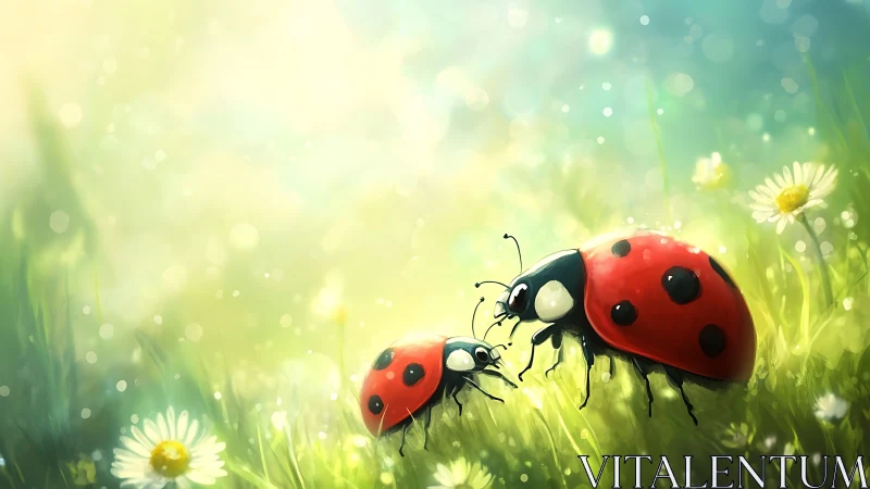 Ladybirds in luminous meadow with soft bokeh backlight.