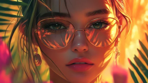 Digital portrait of woman with glasses in warm foliage light.