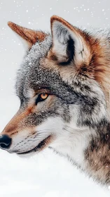 Lateral snow-dusted wolf profile with high-detail fur rendering.