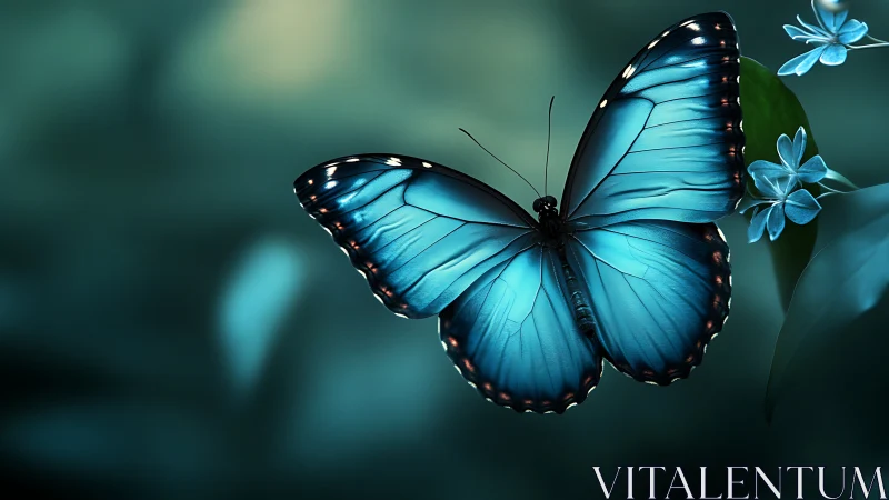 High-saturation blue morpho butterfly rendered with shallow depth-of-field