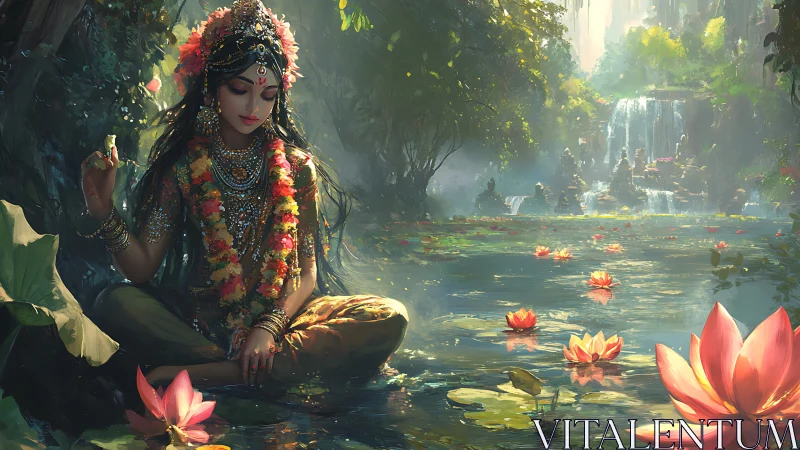 Seated figure by lotus pond with distant tiered waterfalls.