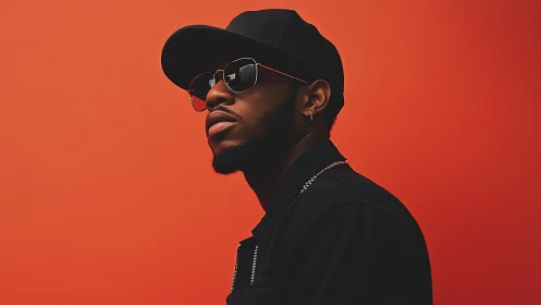 Stylish man in black streetwear against bold orange backdrop.