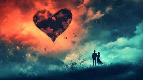 Cosmic Romance: Two Hearts Reaching for Burning Sky.