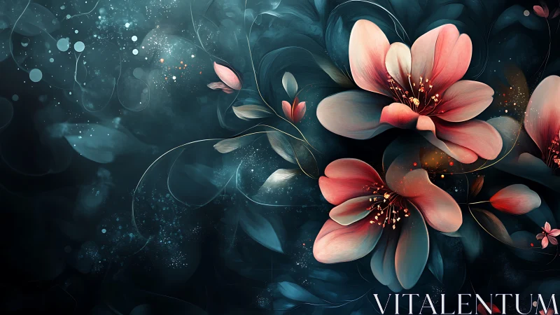 Digital Floral Illustration with Pink Blossoms and Dark Blue Background