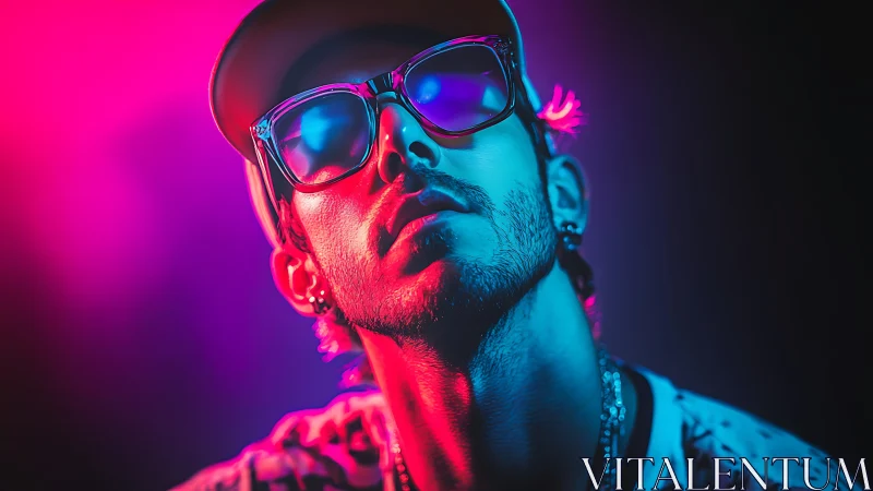 Portrait records subject in neon magenta and cyan lighting