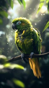 Green parrot on branch in filtered forest light scene.