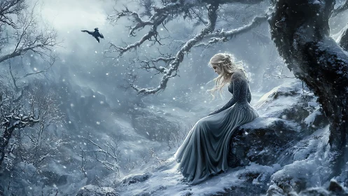 Woman in long gown sits alone on snowy forest rock