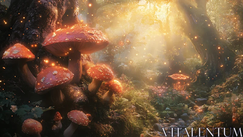 Glowing red mushrooms in a sunlit, misty forest scene.