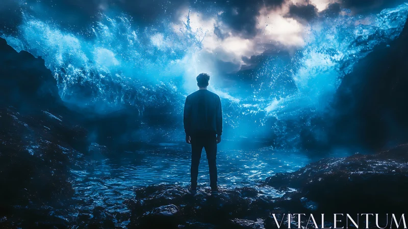 Backlit silhouette observes turbulent bioluminescent surf impact