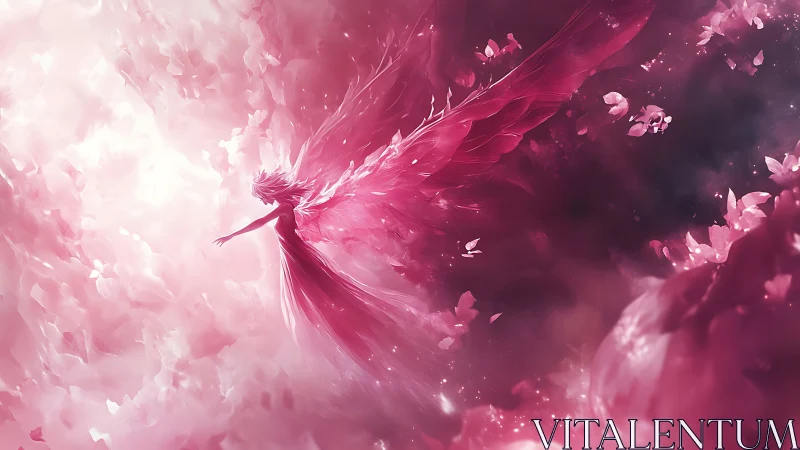 Crimson winged spirit rises through luminous rose clouds.