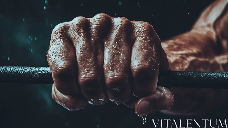 Human hand grips textured bar under water droplets in closeup