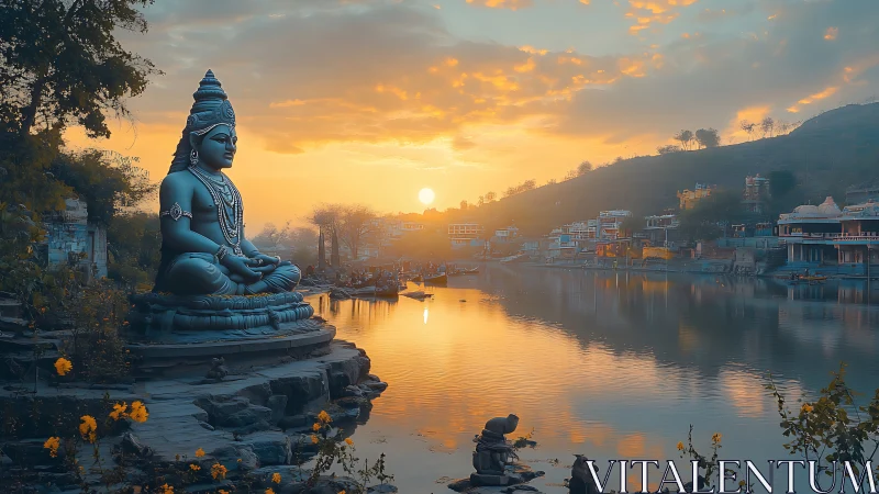 Monumental riverside deity statue at golden hour sunrise
