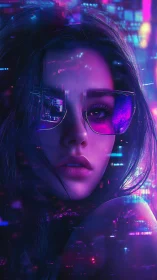 Female portrait with neon reflections and digital light effects.