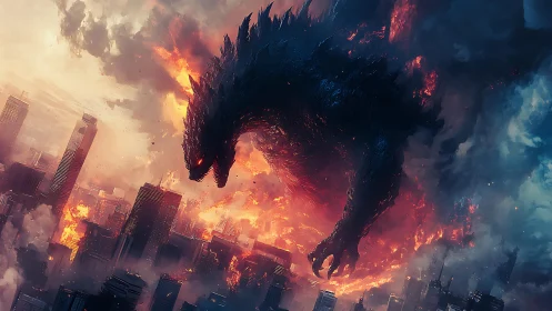 Giant reptilian monster strides through burning modern cityscape