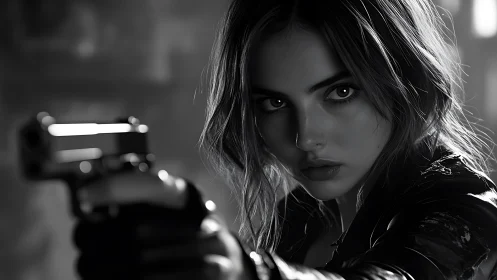 Monochrome cinematic portrait with armed frontal focus.