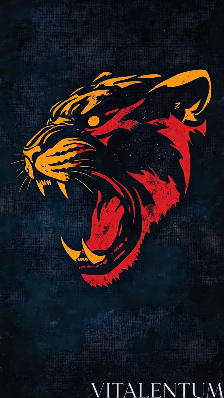 Digital painting of roaring tiger emblem on grunge field.