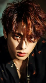 Intense close portrait captures red haired young man gaze