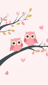 Pink cartoon owls perched on stylized tree branch illustration.