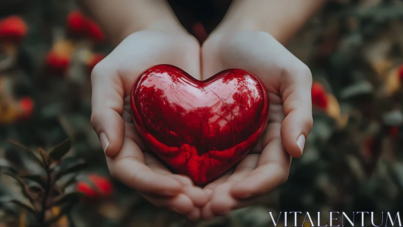 Red heart held in cupped hands against garden background.