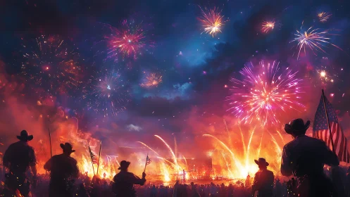 Cowboys gather under festive fireworks in a glowing sky.