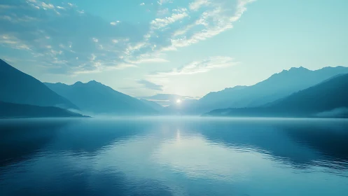 Silken dawn unravels over mist-soft mountains and glasswater.