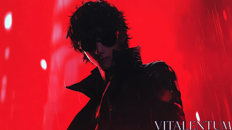 Silhouetted antihero in rain against neon red void.