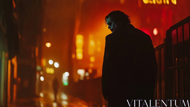 Rain-soaked joker figure in neon-lit midnight alleyway.