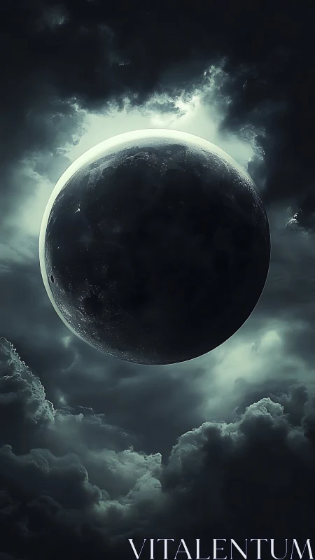 Dark lunar sphere centered among illuminated storm clouds
