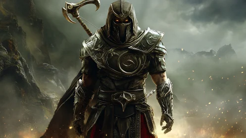 Dark armored warlord stands in burning mountain pass.