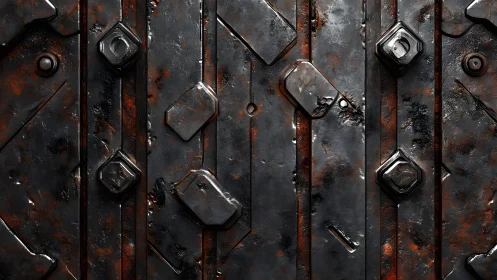 Weathered industrial metal wall with bolts and rust, grunge texture.