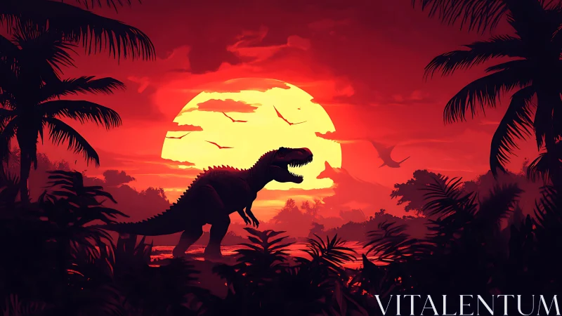 Crimson Cretaceous sunset stroll with a roaring titan.