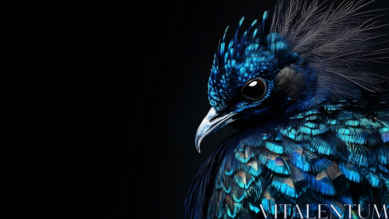 Iridescent blue crested bird portrait on deep black backdrop