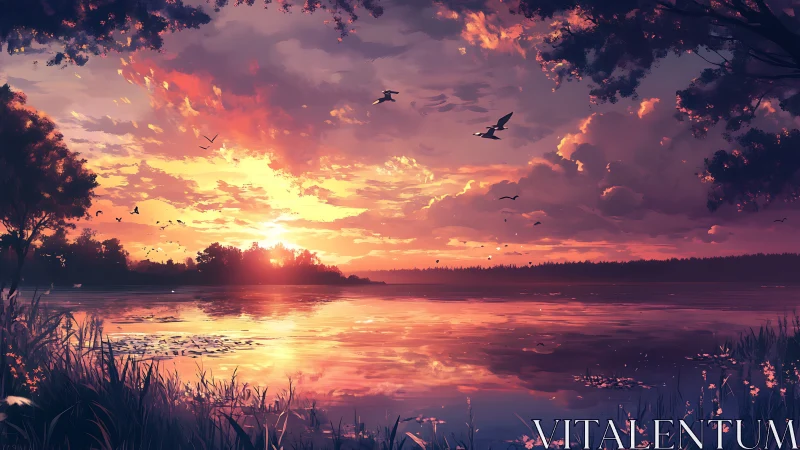 Embercloud sunset gliding over quiet storybook lake.