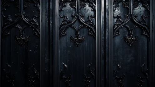 Dark vertical panels show ornate gothic relief patterns