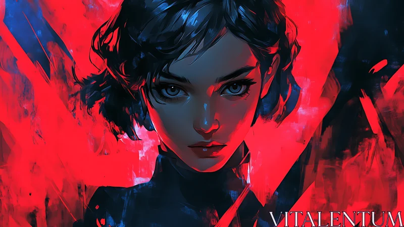 Neon-eyed rebel girl carved from electric red twilight.