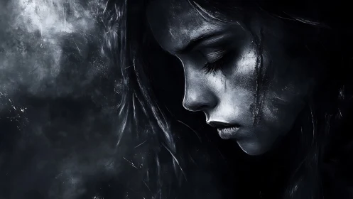 Melancholic portrait study in shadow and fractured light.