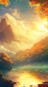 Sunlit autumn lake under glowing mountain sky at dawn.