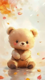 Soft plush teddy bear under drifting autumn foliage light