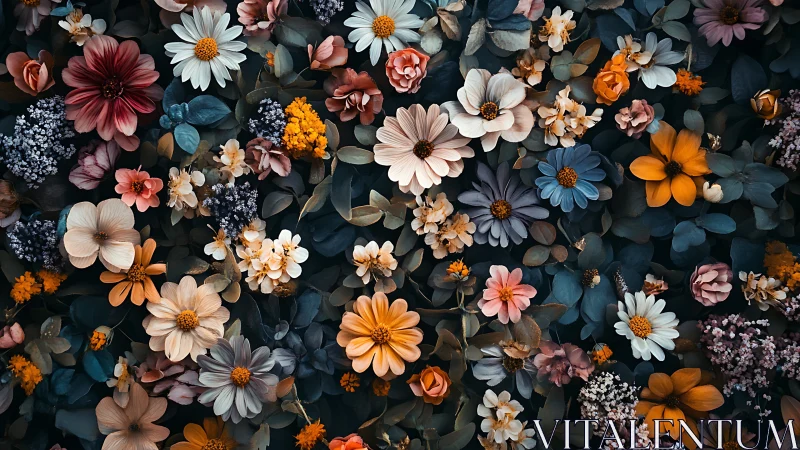 Overhead arrangement of diverse flowering plants against dark background