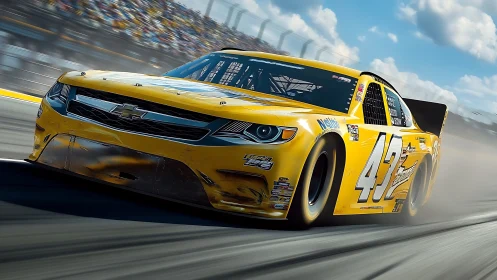 Yellow stock car slingshots through sunlit oval thunder