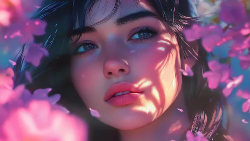 Digital painting portrait with floral bokeh and dappled light.