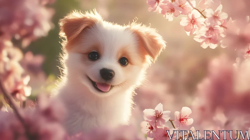 Soft springtime puppy smiles warmly among pink blossoms