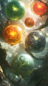 Glowing cosmic orbs drifting gently through a dreamlike sky.