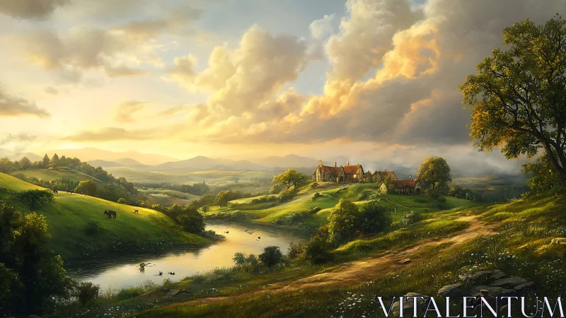 Riverside countryside estate under expansive evening sky.