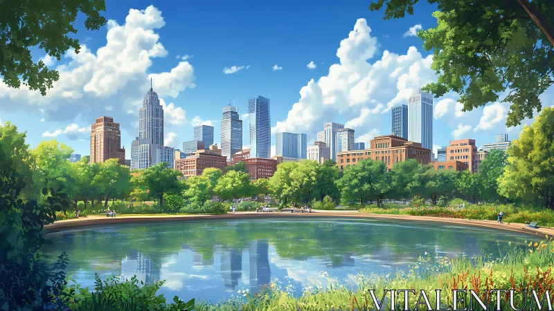 Lakeside urban park skyline under vibrant midday clouds.