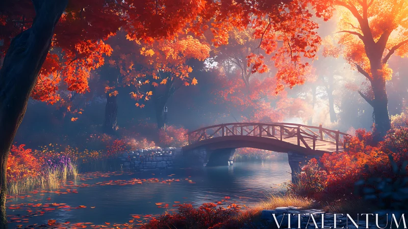 Autumn footbridge arches over misted river in luminous foliage